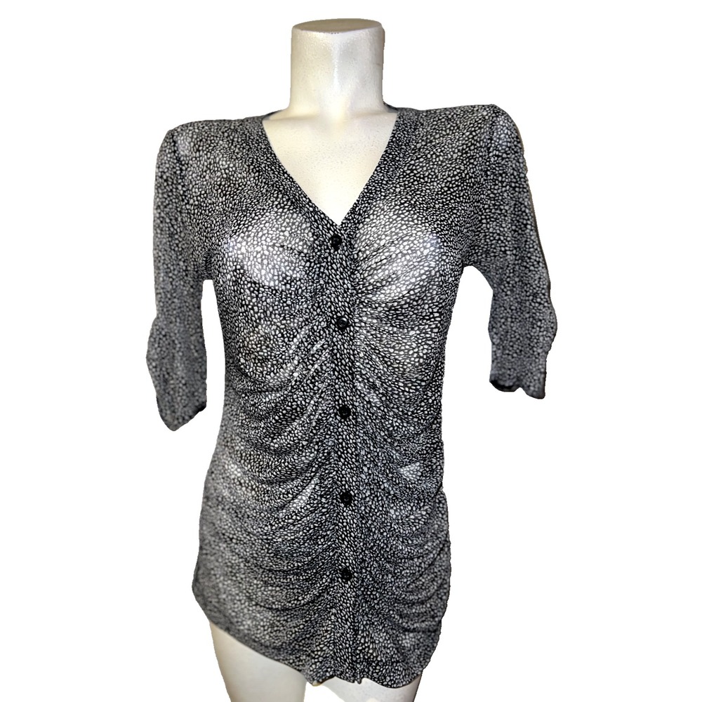 Cabi Top 241 Womens Black Gray Pebble Print Ruched Mesh Button Front Shirt M